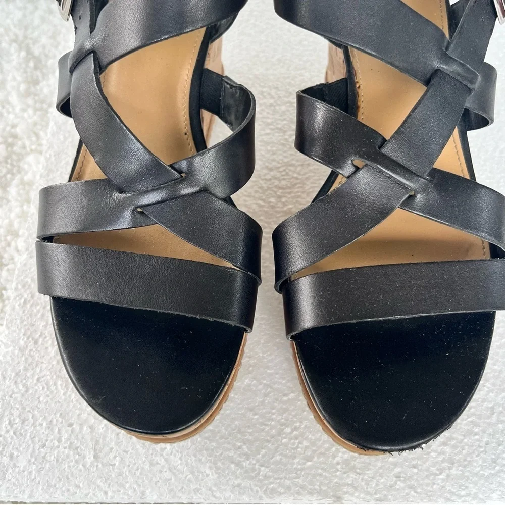 Franco Sarto Women's Leather Black and Tan Cork Strappy Wedge Sandals Size 9M
